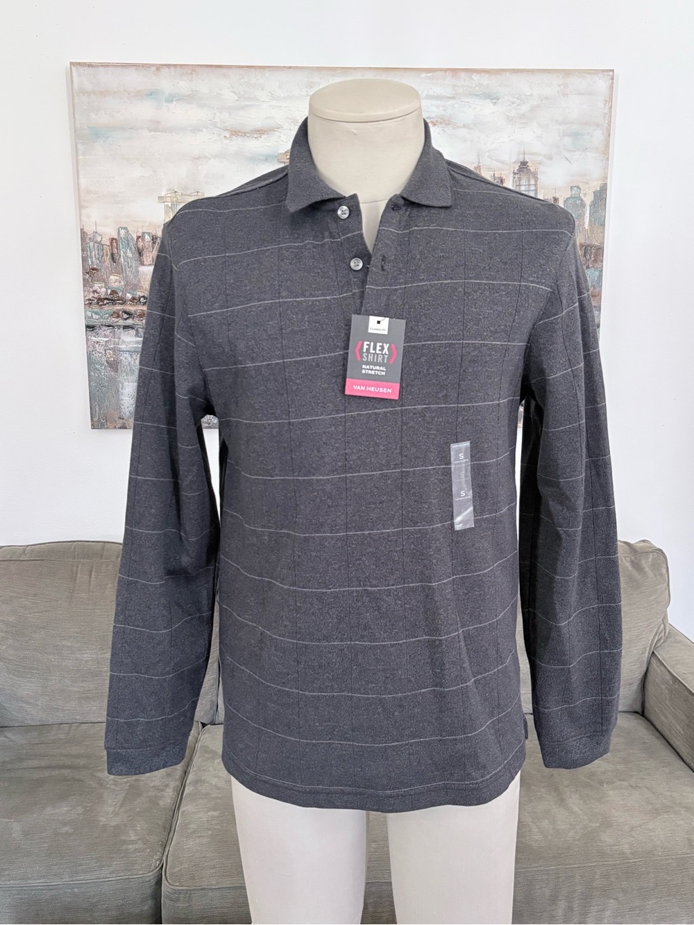 Van Heusen Men's Charcoal Gray Long Sleeve Polo - Windowpane